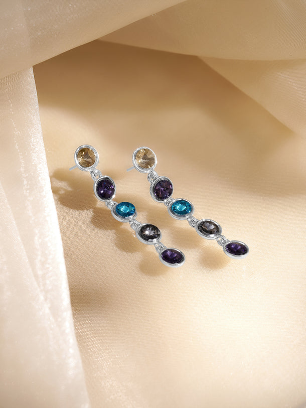 Rubans Voguish Rhodium-Plated Multicolour Crystal Stone Drop Dangler Earrings