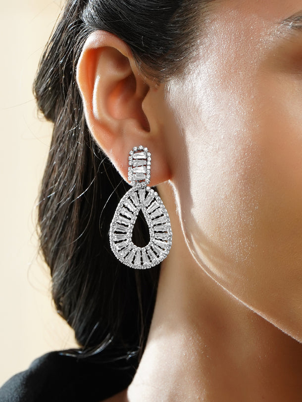 Rubans Voguish Rhodium Plated Clear Baguette Crystal Open-Loop Drop Earrings