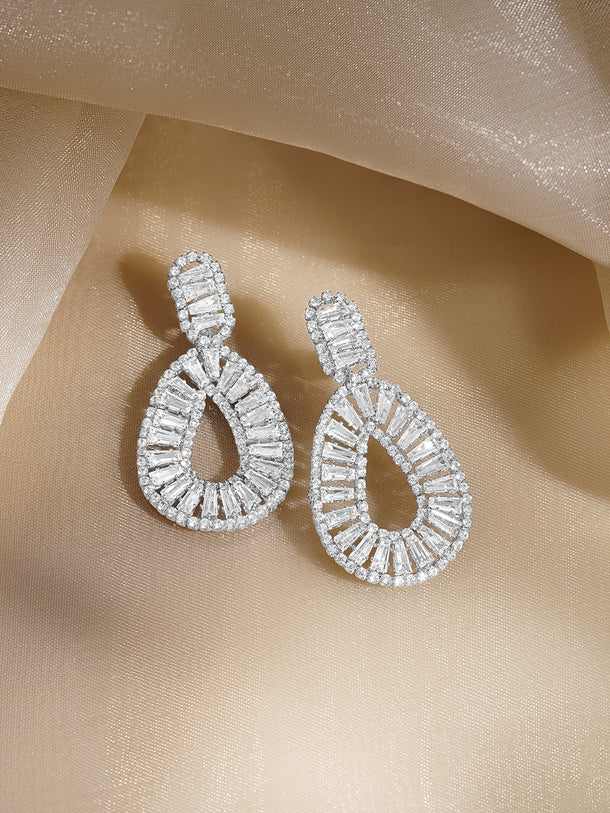 Rubans Voguish Rhodium Plated Clear Baguette Crystal Open-Loop Drop Earrings