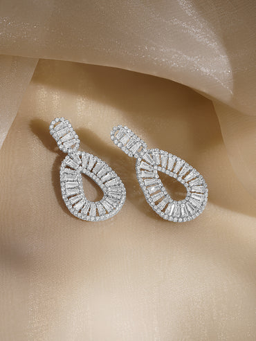 Rubans Voguish Rhodium Plated Clear Baguette Crystal Open-Loop Drop Earrings