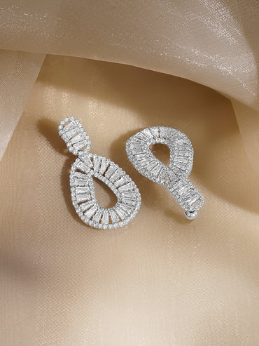 Rubans Voguish Rhodium Plated Clear Baguette Crystal Open-Loop Drop Earrings