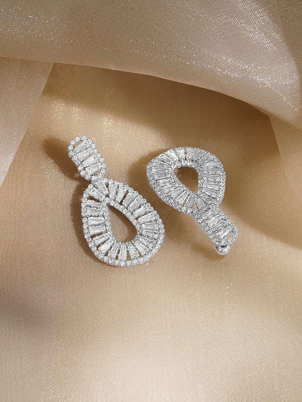 Rubans Voguish Rhodium Plated Clear Baguette Crystal Open-Loop Drop Earrings