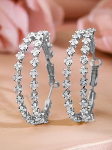 Crystal Studded Silver Hoop Earrings