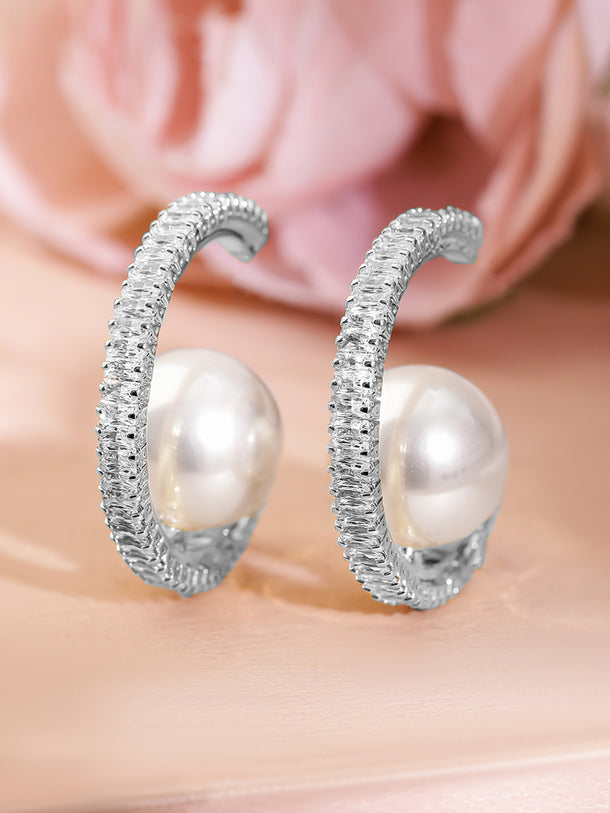 Crystal Studded Pearl Silver Huggie Earrings