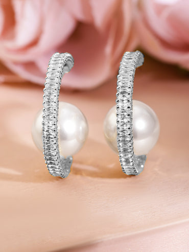 Crystal Studded Pearl Silver Huggie Earrings