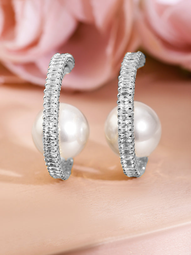 Crystal Studded Pearl Silver Huggie Earrings