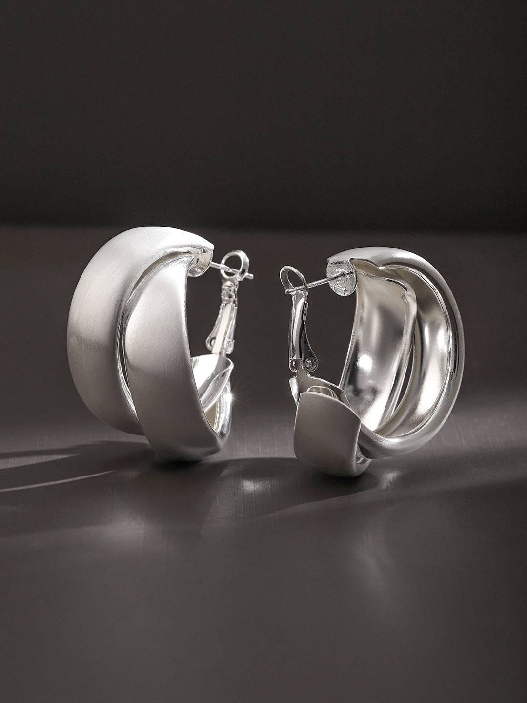 Rubans Voguish Rhodium-Plated Twisted Hoop Earrings with Matte & Polished Finish