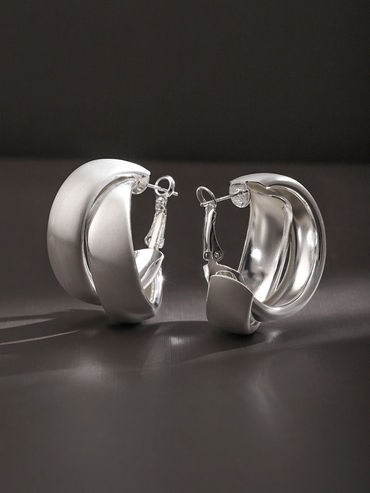 Rubans Voguish Rhodium-Plated Twisted Hoop Earrings with Matte & Polished Finish