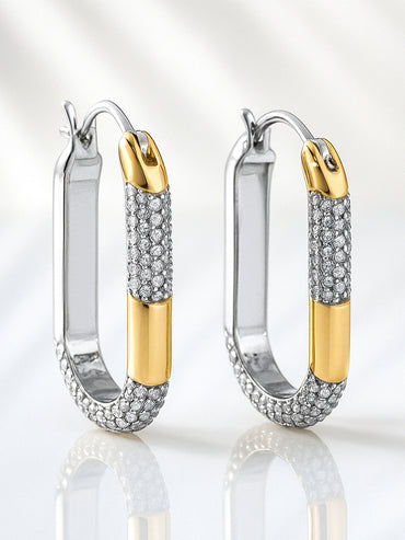 Two Tone Oval Pave Hoop Earrings