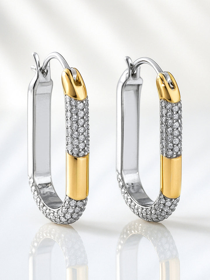 Two Tone Oval Pave Hoop Earrings