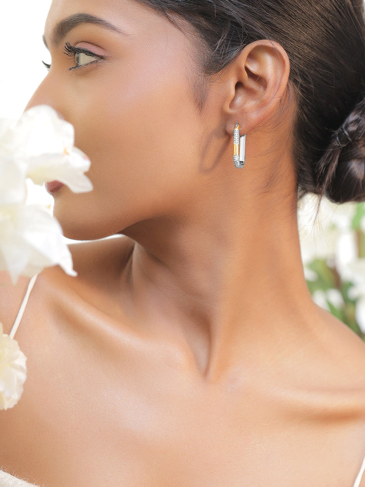 Two Tone Oval Pave Hoop Earrings