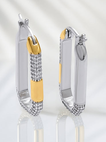 Two Tone Oval Pave Hoop Earrings