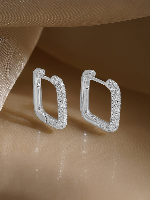 Rubans Voguish Rhodium Plated Crystal AD Rectangular Minimal Hoop Earrings