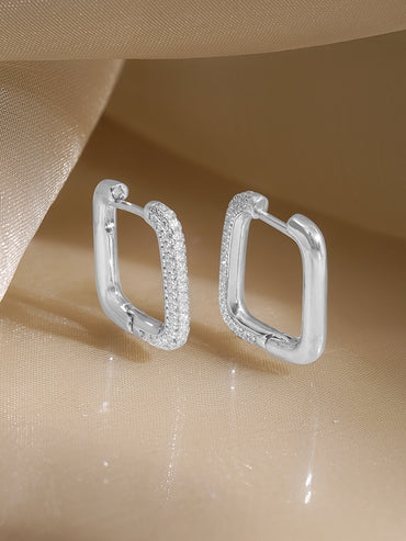 Rubans Voguish Rhodium Plated Crystal AD Rectangular Minimal Hoop Earrings