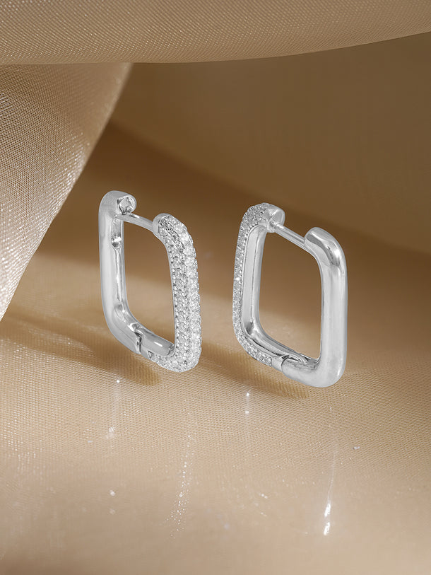 Rubans Voguish Rhodium Plated Crystal AD Rectangular Minimal Hoop Earrings