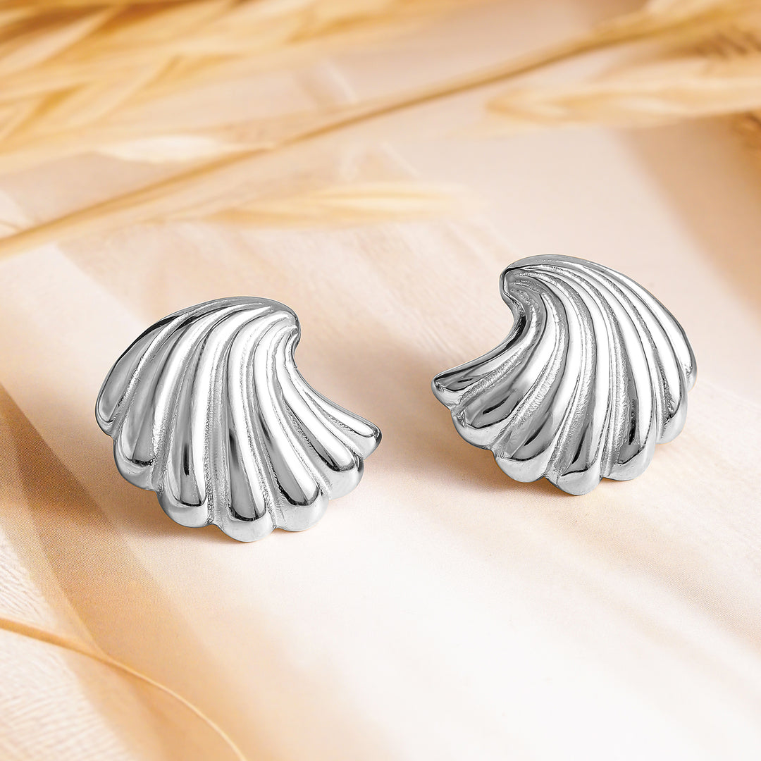 Rubans Voguish Silver Plated Stainless Steel Tarnish-Free Waterproof Shell Design Stud Earrings