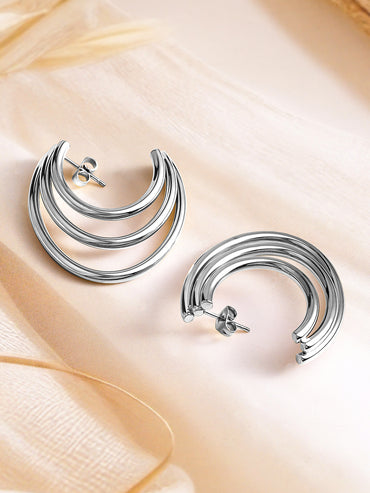 Triple Layered Silver Open-Hoop Earrings