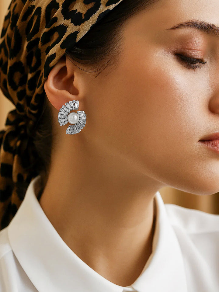 Rubans Voguish Rhodium-Plated Crystal AD & White Pearl Statement Stud Earrings