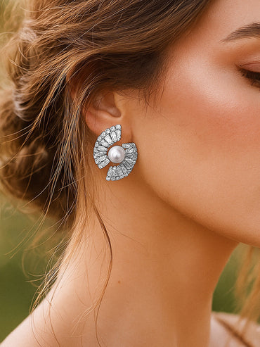 Rubans Voguish Rhodium-Plated Crystal AD & White Pearl Statement Stud Earrings