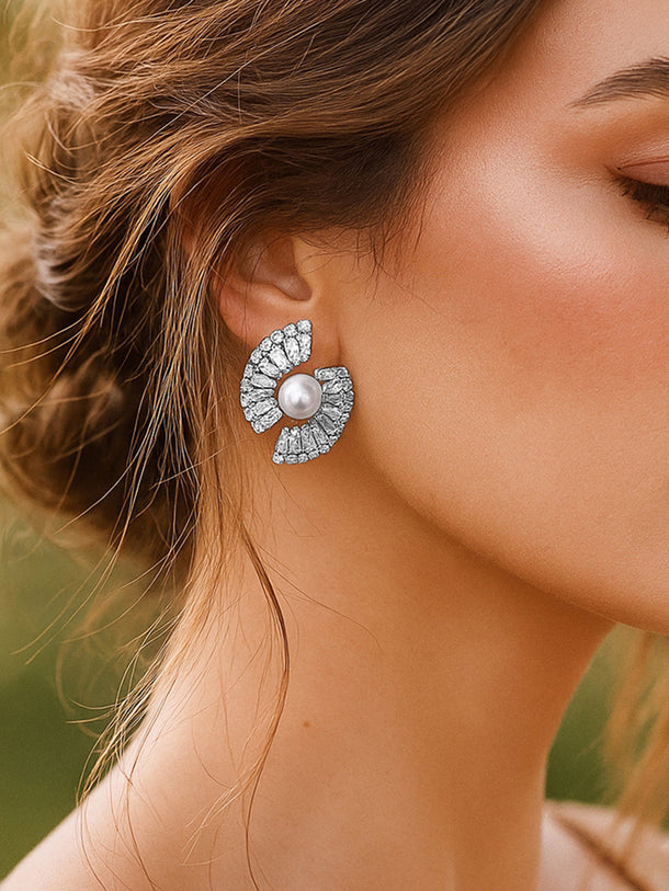 Crystal Embellished Pearl Stud Earrings