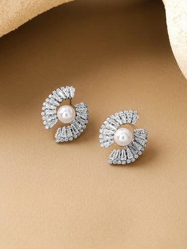 Rubans Voguish Rhodium-Plated Crystal AD & White Pearl Statement Stud Earrings