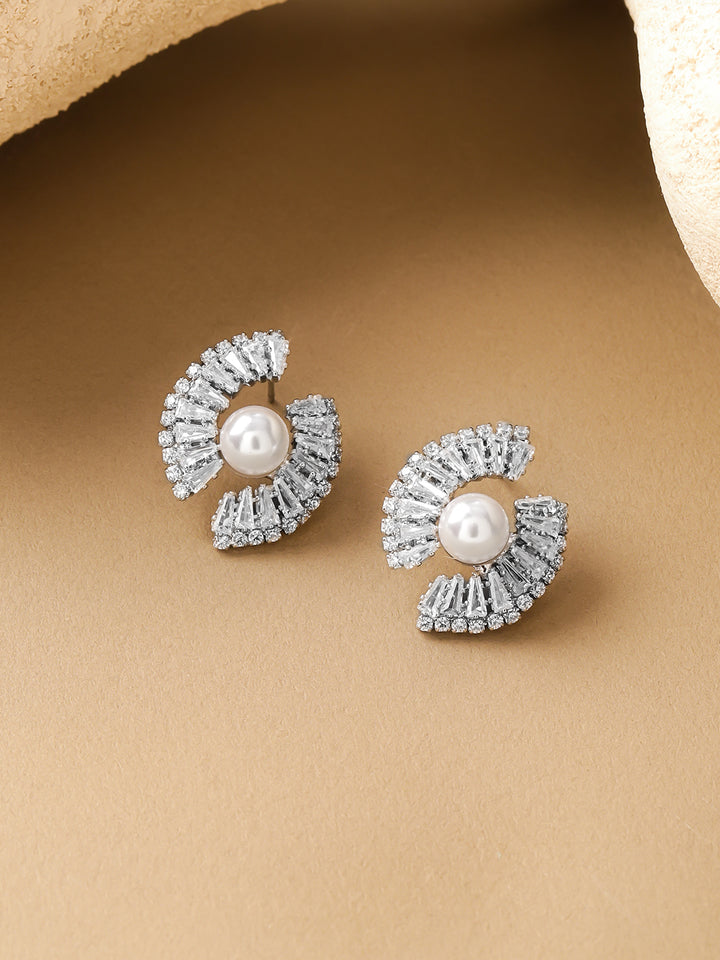 Rubans Voguish Rhodium-Plated Crystal AD & White Pearl Statement Stud Earrings