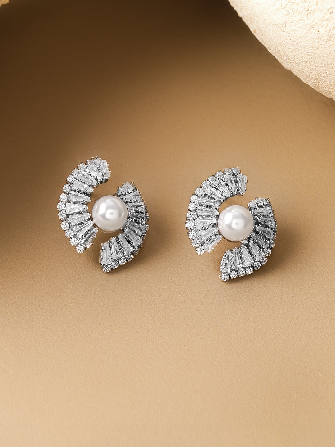 Rubans Voguish Rhodium-Plated Crystal AD & White Pearl Statement Stud Earrings