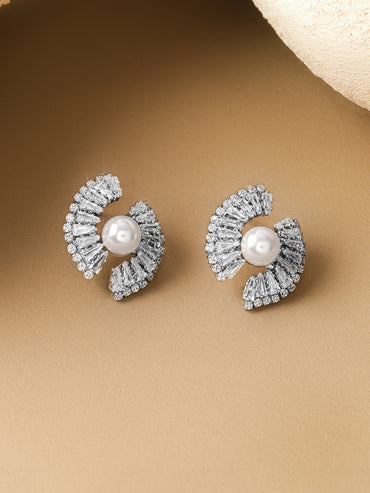 Rubans Voguish Rhodium-Plated Crystal AD & White Pearl Statement Stud Earrings