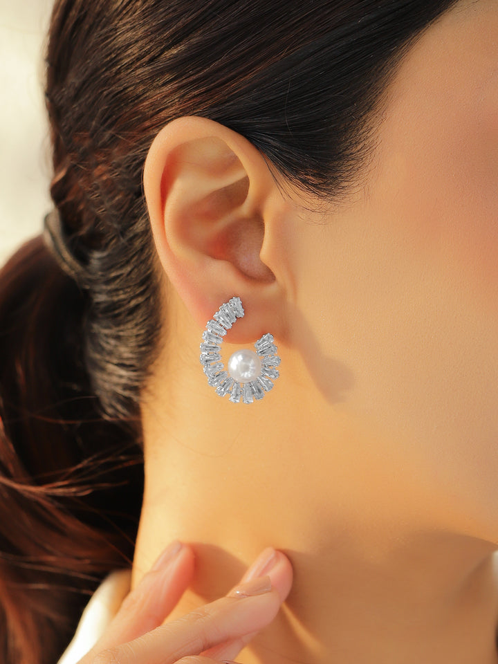 Rubans Voguish Rhodium Plated Spiral Crystal AD & White Pearl Stud Earrings