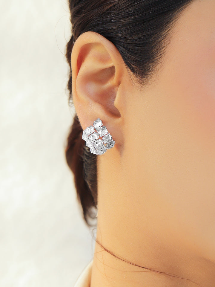 Rubans Voguish Rhodium-Plated Crystal Cubic Zirconia Cluster Stud Earrings