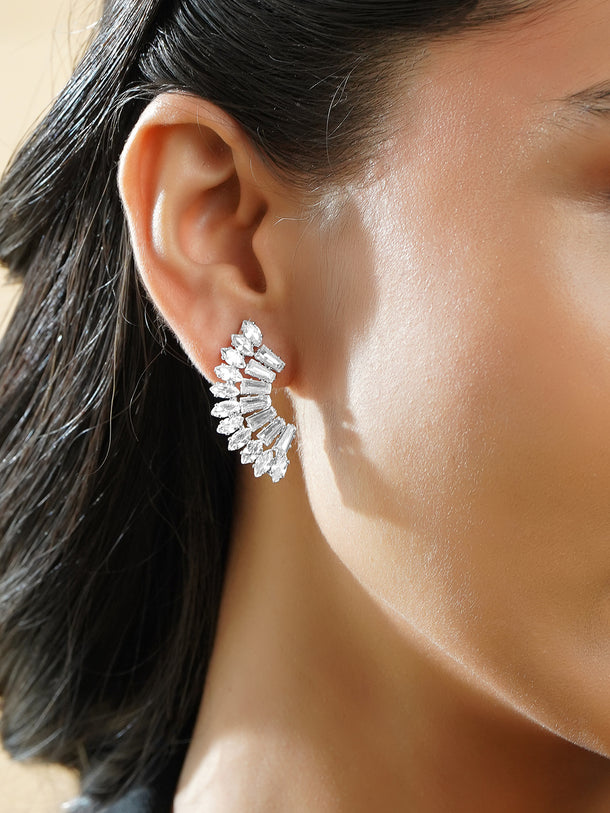 Rubans Voguish Rhodium Plated Crystal Cubic Zirconia Crescent Stud Earrings