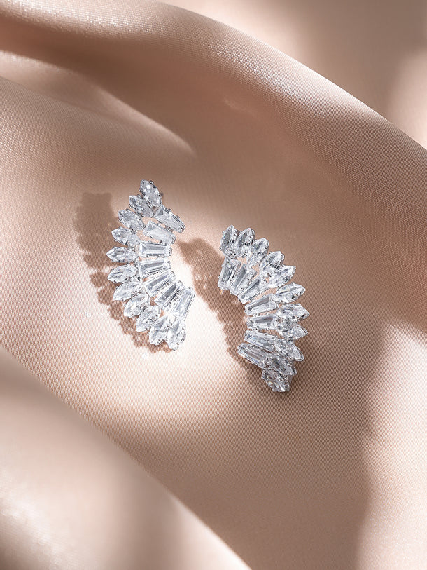 Rubans Voguish Rhodium Plated Crystal Cubic Zirconia Crescent Stud Earrings