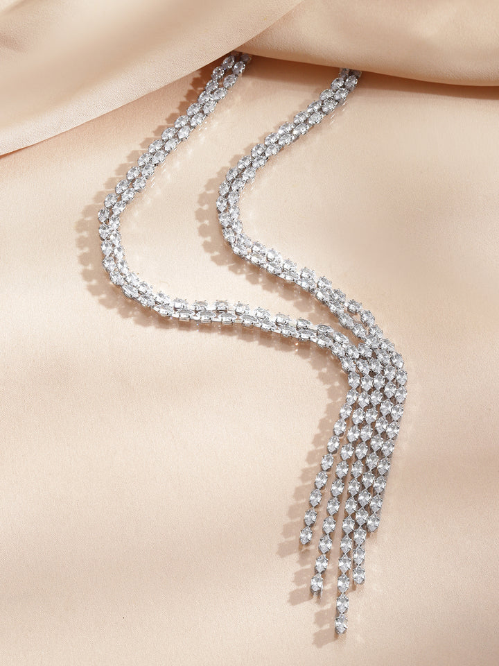 Rubans Voguish Rhodium-Plated Brass Crystal AD Studded Leaf Drop Necklace Set