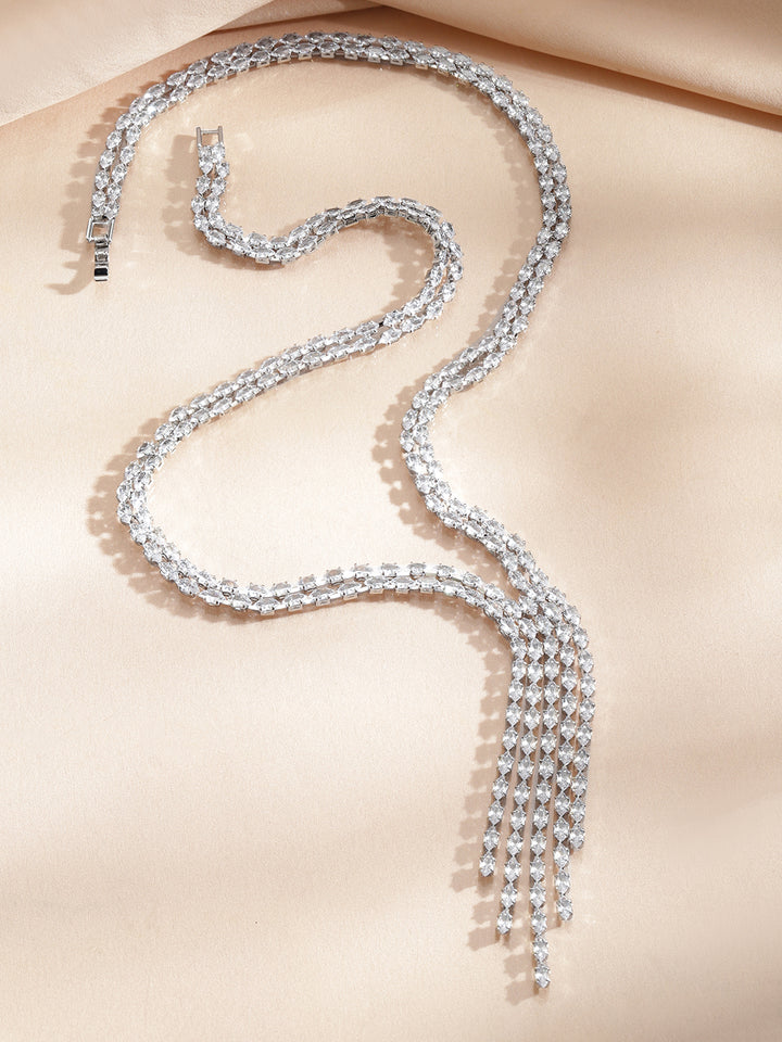 Rubans Voguish Rhodium-Plated Brass Crystal AD Studded Leaf Drop Necklace Set