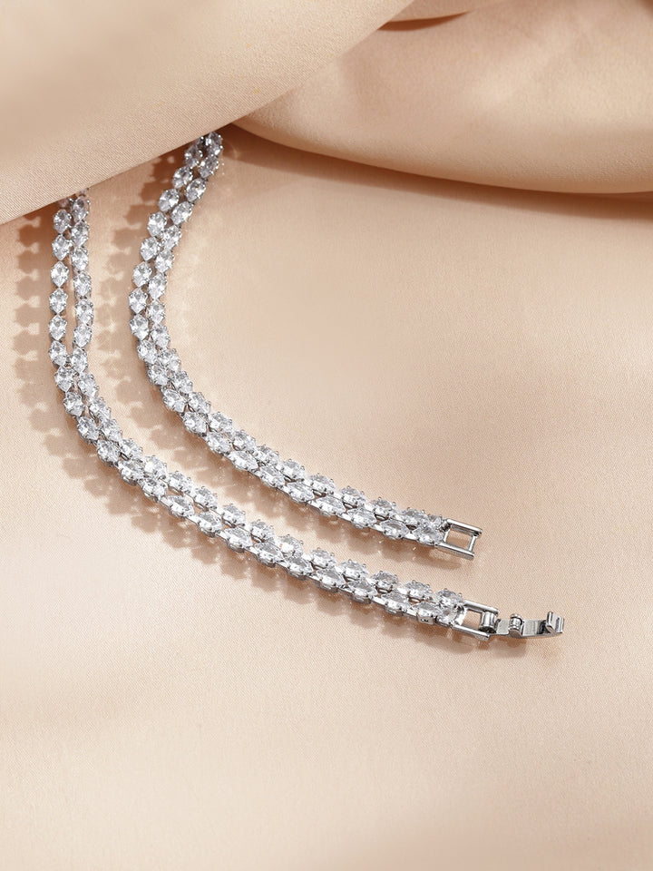 Rubans Voguish Rhodium-Plated Brass Crystal AD Studded Leaf Drop Necklace Set