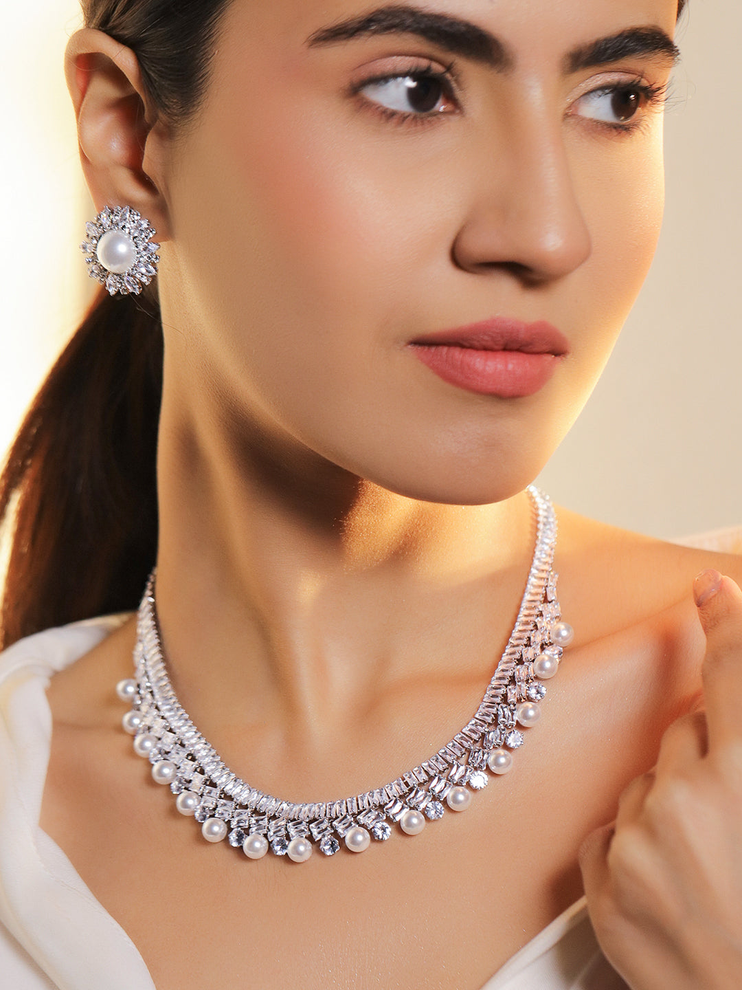 Rubans Voguish Rhodium-Plated Crystal White Cubic Zirconia and Pearl Embellished Necklace Set