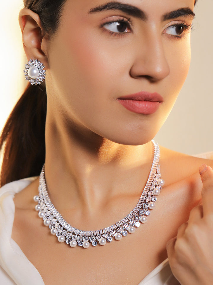 Rubans Voguish Rhodium-Plated Crystal White Cubic Zirconia and Pearl Embellished Necklace Set