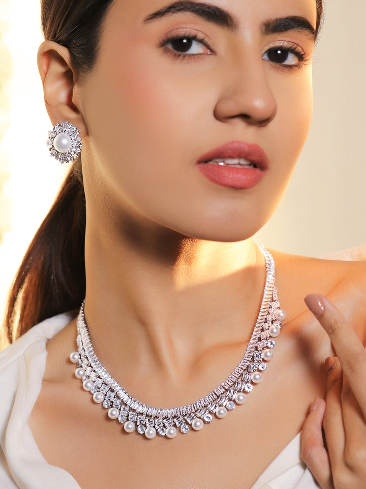 Rubans Voguish Rhodium-Plated Crystal White Cubic Zirconia and Pearl Embellished Necklace Set