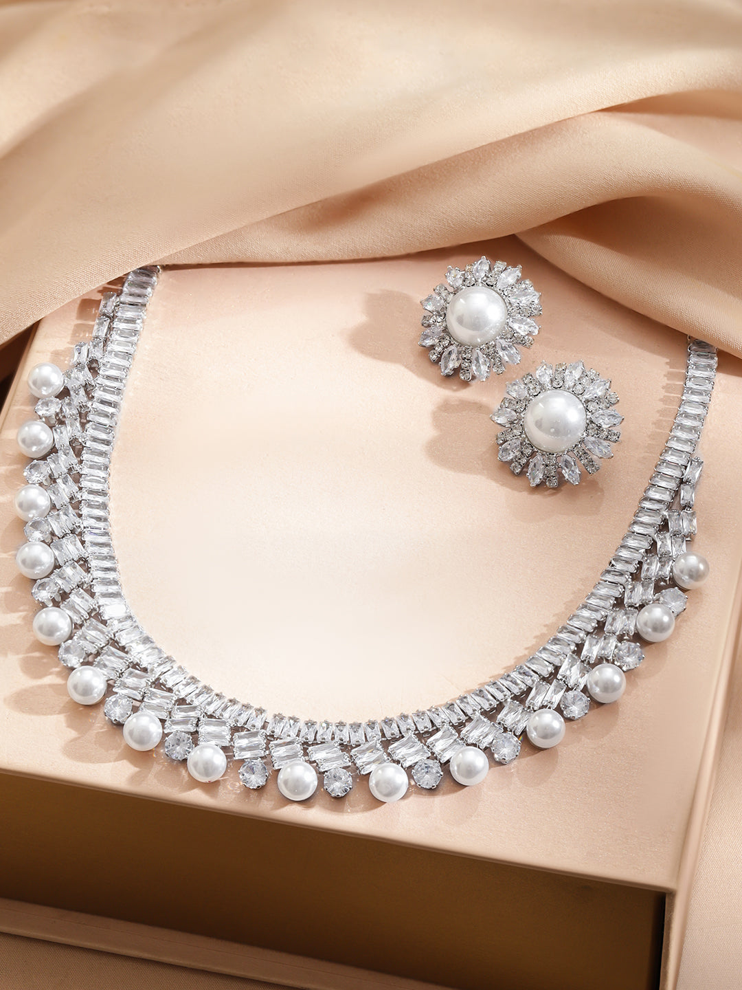 Rubans Voguish Rhodium-Plated Crystal White Cubic Zirconia and Pearl Embellished Necklace Set