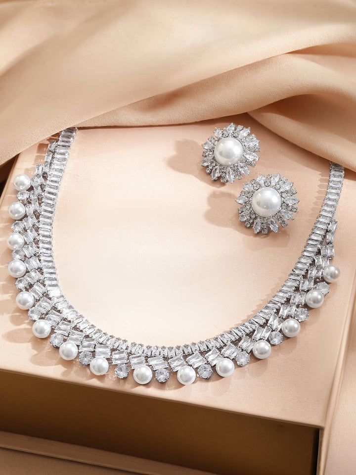 Rubans Voguish Rhodium-Plated Crystal White Cubic Zirconia and Pearl Embellished Necklace Set