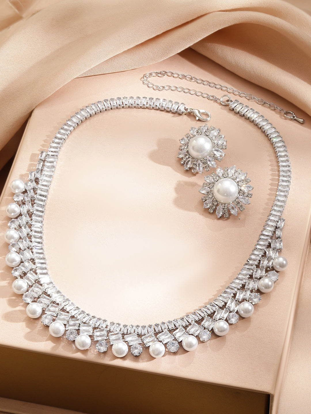 Rubans Voguish Rhodium-Plated Crystal White Cubic Zirconia and Pearl Embellished Necklace Set