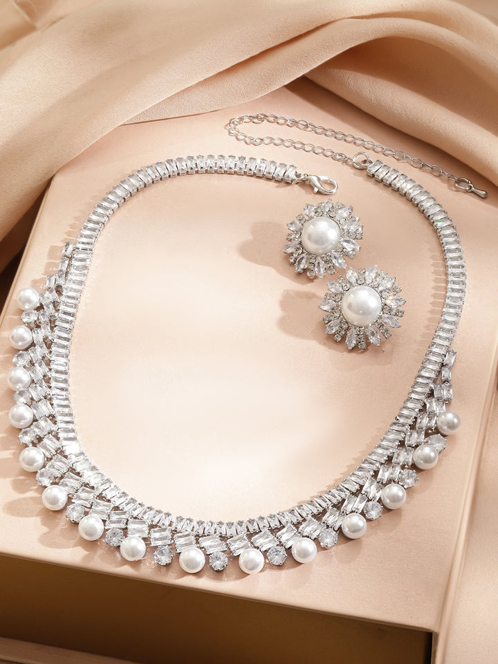 Rubans Voguish Rhodium-Plated Crystal White Cubic Zirconia and Pearl Embellished Necklace Set