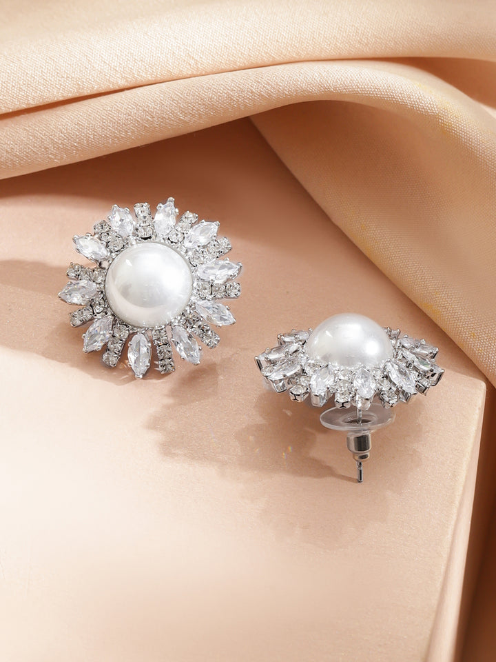 Rubans Voguish Rhodium-Plated Crystal White Cubic Zirconia and Pearl Embellished Necklace Set