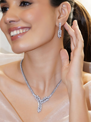 Rubans Voguish Rhodium-Plated Brass Crystal AD Studded Fan Design Necklace Set