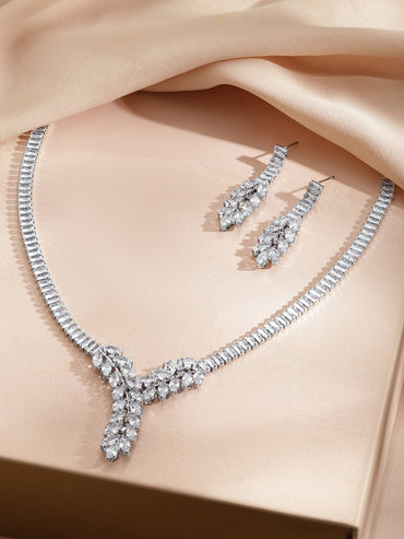 Rubans Voguish Rhodium-Plated Brass Crystal AD Studded Fan Design Necklace Set