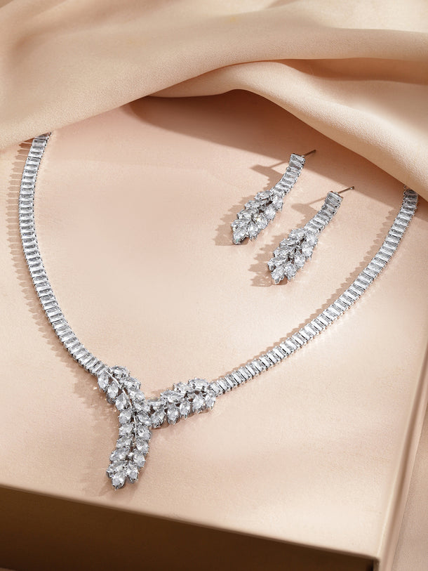 Rubans Voguish Rhodium-Plated Brass Crystal AD Studded Fan Design Necklace Set
