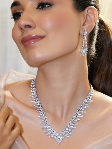 Rubans Voguish Rhodium-Plated Brass Crystal AD Studded Fan Design Necklace Set