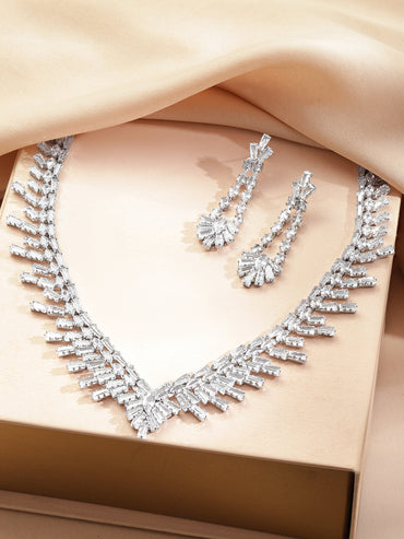 Rubans Voguish Rhodium-Plated Brass Crystal AD Studded Fan Design Necklace Set