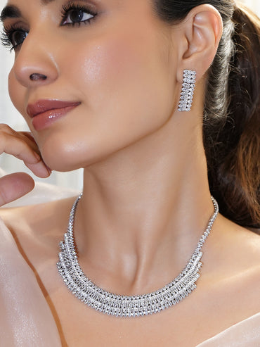 Rubans Voguish Rhodium-Plated Crystal AD Studded Multi-Row Baguette Necklace Set