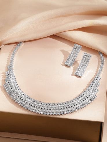 Rubans Voguish Rhodium-Plated Crystal AD Studded Multi-Row Baguette Necklace Set